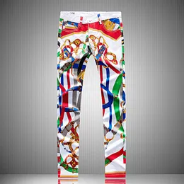 Mens Irregular Painted Graffiti Print Design Jeans Straight Long Pencil Pants Homem Adolescente Branco Streetwear Sim Biker Denim Pant254d