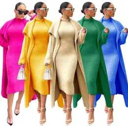 Fall And Winter Designer Women Dresses Plus Size 3xl 4xl Coat Two Piece Temperament Loose Belt Long Cardigan Suit