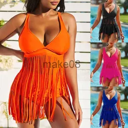 Roupa de banho feminina 2022 verão roupa de praia novo biquíni sexy feminino cor sólida oco borlas de crochê maiô 2 peças conjuntos de roupa de banho J230704