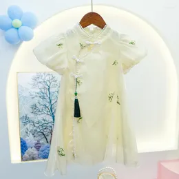 Abbigliamento etnico Vestito da Hanfu per ragazze 2023 Colletto in piedi Gonna per bambini ricamata Media e grande Estate Sottile Qipao Filato Principessa