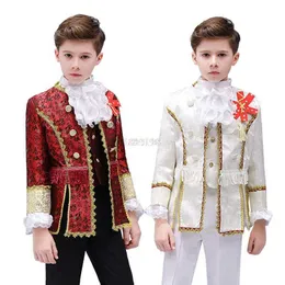 Fatos Meninos Retrô Conjunto de Roupas Tribunal Europeu Criança Fato Retro Príncipe Encantado Crianças Blazer Colete Calças Colar Flor OutfitHKD230704