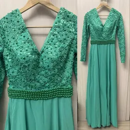 2023 Vestidos de Baile Verdes Sexy Linha A Decote em V Pérolas Manga Comprida Chiffon Vestido de Festa Formal com Zíper nas Costas Tamanho Grande Vestidos de Noite Imagem Real Até o Chão