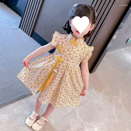 エスニック服女の子ドレスかわいい夏 2023 ファッショナブルな袍少女ベビー子供の春漢服プリント薄い半袖スカート