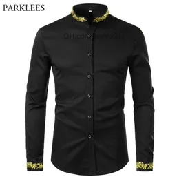 Erkekler rahat gömlek erkekler rahat gömlek siyah altın nakış gömleği erkekler bahar erkek elbise stant yukarısı yüzü kimya homme camisa masculina 221117 z230705