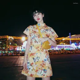 エスニック服中国風の女性プリントフラワー袍伝統的なスリムセクシーなミニチャイナ Vestidos エレガントな若い女の子パーティードレス甘い