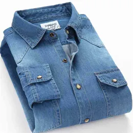 Chemises décontractées pour hommes Schinteon Printemps Automne Hommes Denim Chemise Mince À Manches Longues Doux 100% Coton Deux Poches Mince Léger Élastique Jeans Cowboy 4XL 230706