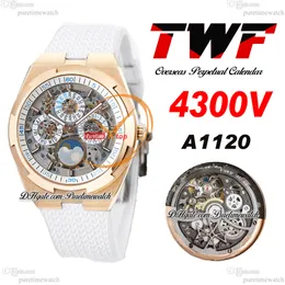 TWF Overseas Ewiger Kalender Mondphase 4300 V A1120 Automatik-Herrenuhr, Roségold, skelettiertes Zifferblatt, weißes Gummi, Super-Version, Reloj Hombre Edition, Puretime B06