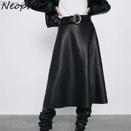 Skirts Neophil Vintage Women Leather Midi Skirts PU Faux Winter Warm Fashion Sashes A-Line High Waist Flare Belt Skirt Longa Saia S9730 Z230704