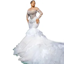 robe de mariee Mermaid Wedding Dress Sheer Long Sleeves Beads Crystal Ruffles Train Saudi Arabic Bride Party Gowns