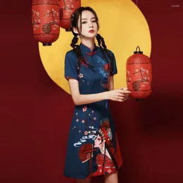 Roupa étnica Oriental Feminina Estampada Cheongsam Summer Slim Mini Qipao Vestidos Estilo Chinês Meninas Vestido de Festa Tradicional Qi Pao Vestido
