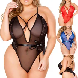 Plus Size Sexy lace lingerie stitching mesh jump suit sexy pajamas black sex lingerie for aunt Erotic Underwear Babydoll237y