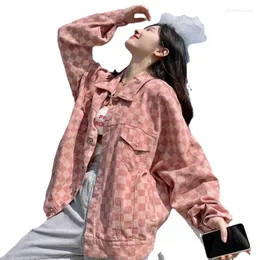 여자 재킷 트렌드 제품 코트 여성 겉옷 데님 재킷 핑크 바둑판 가을 의류 유럽 빈티지 여자 느슨한 탑