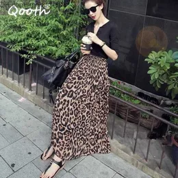 스커트 Qooth 여름 가을 여성 Long Leopard 스커트 탄성 허리 쉬폰 주름 치마 캐주얼 Maxi Beach 인쇄 스커트 DF650 Z230704