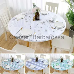 Toalha de mesa à prova d'água capa de mesa redonda elástica ajustada com folhas estampada toalha de mesa listrada à prova de óleo estiramento protetor de casa decoração de cozinha x0704