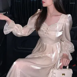 Party Dresses 2023 Women Aesthetic Autumn Fairy Champagne Dress Harajuku Korean Fashion Cottagecore Satin Long Elegantes Plus Size