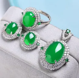 Luxuriöses, mit Kristallen eingelegtes Chalcedon-Anhänger-Halsketten-Ring-Ohrring-Set, 3-teiliges Schmuckset