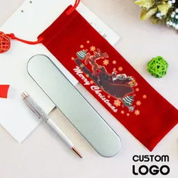 1Set Custom LOGO Gold Foil Ballpoint Pen Case Christmas Bag Year Kids Gift Office Stationery Engraved Name