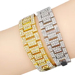 Hip-hopowe męskie bransoletki z cyrkoniami Watchband bransoletka raper Rocker Punk Iced Out Bling biżuteria 16mm złoto srebro kobiety łańcuszek na kostkę akcesoria