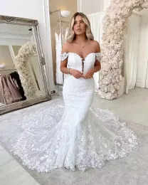 우아한 오프 어깨 인어 웨딩 드레스 튤 레이스 아플리케 해변 신부 드레스 채플 기차 Boho Counrty Bridal Gown BC5088