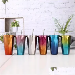 Tumblers 500ml Paslanmaz Çelik Elmas Kupalar Kahve Kupa Çay Kupaları Kapak ve ST Gradyan Damla Teslimat Ev Bahçe Kitche Dhzd9