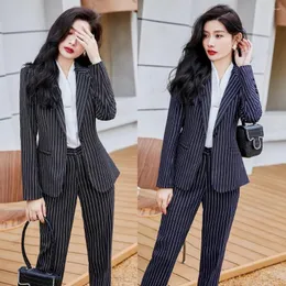 女性のツーピースパンツファッションブレザー女性ビジネススーツパンツとジャケットセットオフィスレディース作業服パンツスーツ黒ストライプ