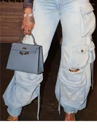 Jeans da donna Donna Stile Safari Strappato Orlo con coulisse Vita elastica Pantaloni multi tasche in denim 2023 INS Pantaloni cargo alla moda
