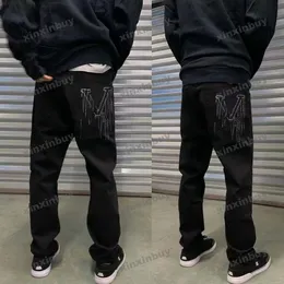 xinxinbuy Män kvinnor designer byxor Fickbrev broderi Tvättade jeans jeansbyxor Casual byxor svart blå S-2XL