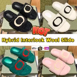 Caixa híbrida interlock chinelos de lã slide pele macia sandálias peludas mulher quente slides sandália plana com caixa sapatos saco inverno indoo fn