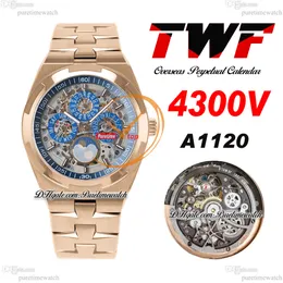 TWF Overseas Perpetual Calendar Moonphase 4300V A1120 Automatisk Herrklocka Rose Gold Blue Skeletturtavla Rostfritt stålarmband Superversion Puretime B14