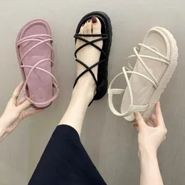 Sandálias de fivela média feminina Sapatos de calcanhar de calcanhar de sola 2024 Verão confortável para mulheres chinelas planas C 91