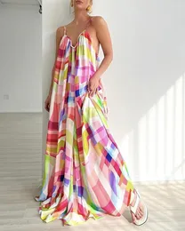 Casual Dresses Geometric Print Spaghetti Strap Maxi Dress Women Spring Summer Long Loose Floor Length Sleeveless High Waist