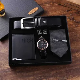 腕時計ファッションメンズギフトセット最高品質のベルトビジネスクォーツ腕時計折りたたみ財布ネクタイカフスネクタイクリップ男性のための父 0703