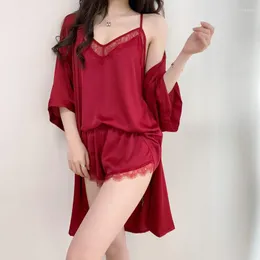 Vêtements de nuit pour femmes 3 pièces femmes pyjamas ensemble Sexy Satin soie Kimono peignoir robe dentelle vêtements de nuit pyjamas été Lingerie Pijamas