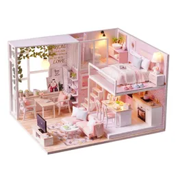 Decorative Objects Figurines DIY Miniature Loft Dollhouse Kit 3D Pink Wooden House Room No Dust Cover No Music Box 230704