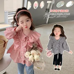 Jackets 2023 Baby Girls Ruffles Plaid Shirts Fashion Cardigan Spring Autumn Kids Girl Beautiful Clothing Children Tops Clothes