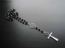 Ankh i Pentagram różaniec naszyjnik Wicca Pagan różaniec czarne koraliki urok biżuteria dla kobiet prezent moda prosta biżuteria L230704