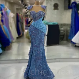 2023 Aso ebi Sky Blue Mermaid Prom Dress Crystals Evening Secondal Party Second Second Birthday Bridentsmaid Vricts Dresses Robe de Soiree Zj695