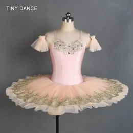 Tutu de dança de balé profissional com corpete de elastano rosa claro com acabamento de lantejoulas douradas brilhantes e saia de tutu de panqueca para meninas BLL405254L