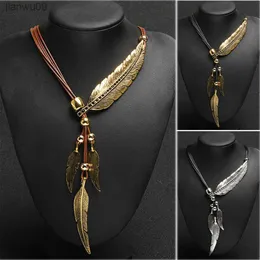 Nowy styl boho łańcuszek z liną liść wzór z piór wisiorek dla kobiet biżuterii Collares oświadczenie naszyjnik EIG88 L230704