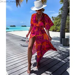 Dambadkläder Dambadkläder Dambaddräkt Cover Up Långärmad Kaftan Beach Tunikaklänning Robe De Plage Tryck Chiffong Pareo Strandkläder med hög krage Z230704