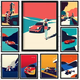 Travel paesaggio cartone animato tela dipinto di auto anni '80 poster colorato auto da auto paesaggio turistica arte parete soun moon kawaii room decor tela poster senza cornice