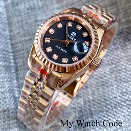 女性SウォッチNH05 MOVT ROSE GOLD WOMEN AUTOMATIC WATCH 26mm Steel Case Sapphire Cyclop Fluted Bezel Baton Hand Business Girl S Wristwatch 230703