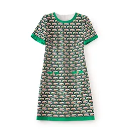 2023 Summer Green Cartoon Print Dress Short Sleeve Round Neck Knee-Length Casual Dresses W3L043812