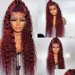 Synthetic Wigs Curly Human Hair Wine Red Brazilian Remy Deep Wave Fl Lace Front Wig 180% Pre Plucked Drop Delivery Products Dh4V9