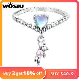 WOSTU 925 Sterling Silver Little Bear Balloon Open Link Rings for Women Multi Color Crystal Lovely Charm Ring Girl Birthday Gift