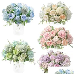 Fiori decorativi Ghirlande Seta Peonia Ortensia Bouquet 7 Forchette Plastica realistica artificiale Garofani Peonie Fiore Matrimonio Par Dhnt3