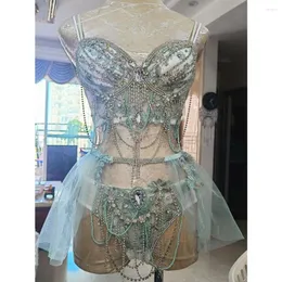 Sahne Giyim Bar Gece Kulübü Rhinestones Boncuk Bikini Gogo Kostüm Kadın Dansçı Takım Dans Kıyafetleri Seksi Kulüp Şov Festivali Çılgın Kıyafetler