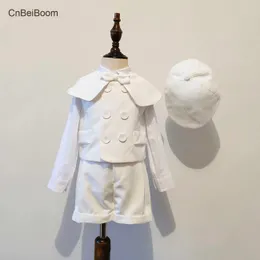 양복 cnbeiboom boy suit white 드레스 아이를위한 흰색 드레스 1-4 년 패션 의류는 모자 신사와 함께 세트 생일 웨딩 의상 의상 의상을 입었습니다.