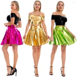 Юбки сексуальная леди искусственная кожа высокая талия серебряный золото плиссированная юбка улица Shiny Club mini