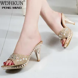 WDHKUN Spike Heels Women Pumps Sexy High Heels Women Crystal Party Women Shoes Gold Open Toe Ladies Shoes L230704